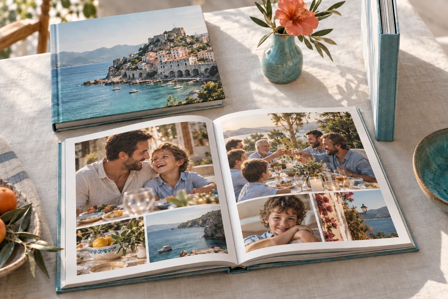 A printed layflat album open across two photographed pages, beside its hardcover and spine